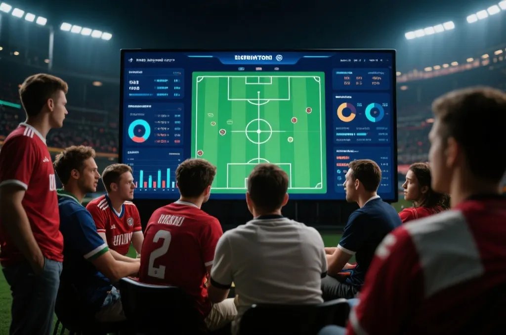 数据可视化界面与球迷在屏幕前讨论战术，象征理性与社交的结合