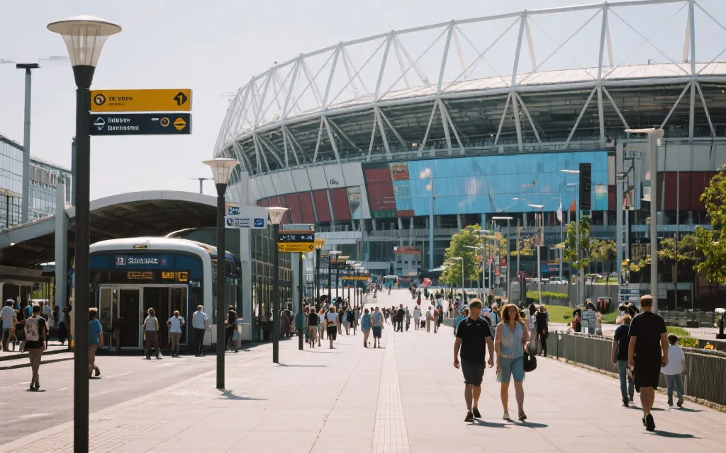 城市公共交通与球迷步行街区的融合场景，强调可达性与可停留性