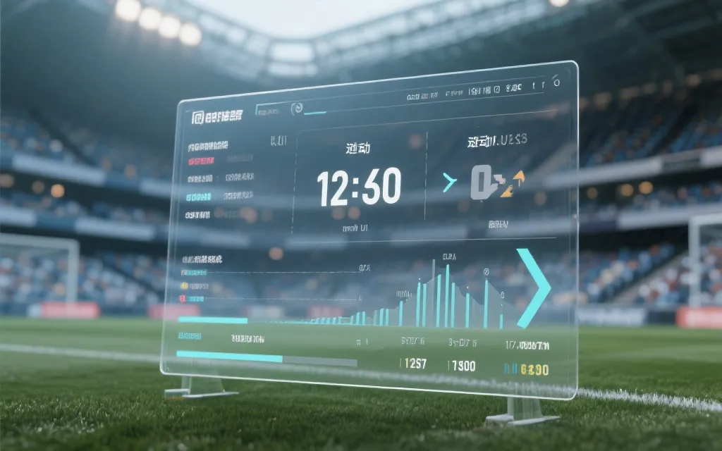 球场灯光下的比赛数据面板与比分区间概念图
